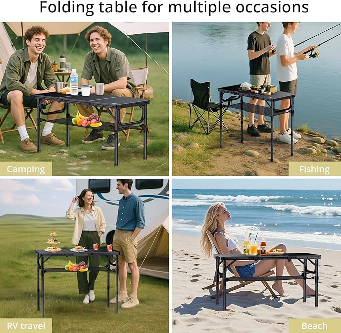 Anbte Folding Camping Table with Storage Net 3ft Camping Table Aluminum Folding Table with 3 Adjustable Height Max 27.5 Inch Picnic Table Portable Table for Outdoor Backyard BBQ Pure Black