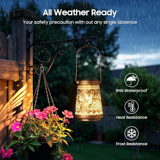 2 Pack Solar Lanterns Outdoor Waterproof Birthday Gifts for Women Mom Grandma Hollowed-Out Metal Hummingbird Hanging Solar Lantern Lights Outdoor Decor 2 Modes Lights Decor for Yard Patio