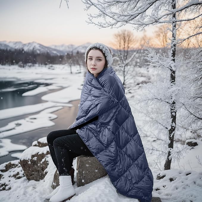 Blue Ridge Activ Fluffy 650 Fill Power Outdoor Packable Down Throw Blanket for Camping Hiking with Carrying Pouch - Lightweight and Durable Blanket 60 x 70 for Traveling Beach Trips