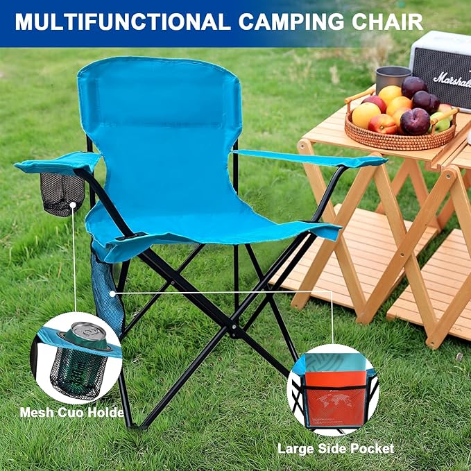 2PCS Folding Camping Collapsible Chairs Heavy Duty Lawn Chair with Cooler Bag Storage Pocket Waterproof Bag Outdoor Arm Chair Supports 225LBS Blue