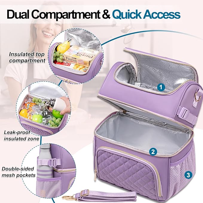 Lunch Bags for Women Dual Compartment Lunch Box Lunch Bag for Work Leakproof Lunch Cooler Large Insulated Lunchbox for Adult for Women Men Lunchbag for Picnic Beach (Purple)