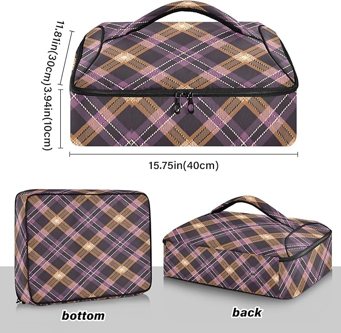 Casserole Carrier Purple Brown Tartan Plaid Pattern Insulated Casserole Carrier for Hot or Cold Food Thermal Lunch Tote for Parties Picnic Travel Carry Bag