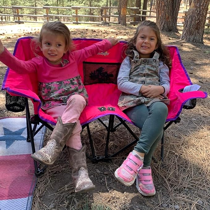 SUNNYFEEL Kids Folding Double Camping Chair Portable Kids Camping Chairs 2 Seat Chair Pink Padded Foldable Lawn Chairs with Cup Holder for Beach/Outdoor/Travel/Picnic Foldable Camp Chairs 2 Person