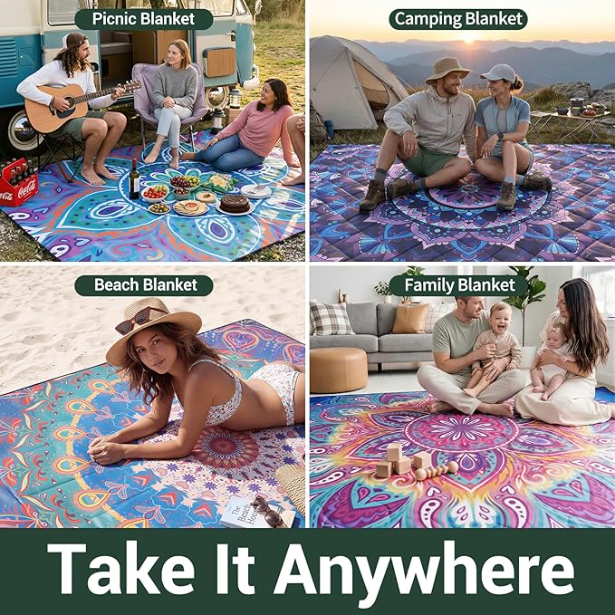60x80 Waterproof Picnic Blankets Outdoor Sandless Beach Blanket Foldable Padded Ground Grass Park Lawn Mat Tent Camping Rug Backpack Hiking Roadtrip Gadgets Gifts Rv Car Travel Trailers Items