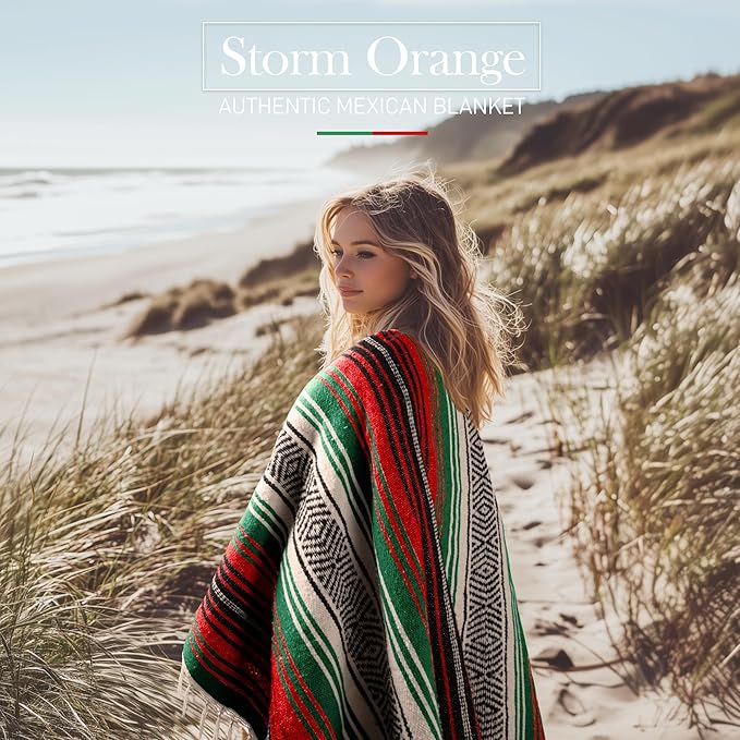 Hydration Nation Authentic Extra Large Mexican Blanket (70x50) - Handwoven Yoga Serape- Artisanal Falsa Beach Camping Picnic Outdoor - Storm Orange