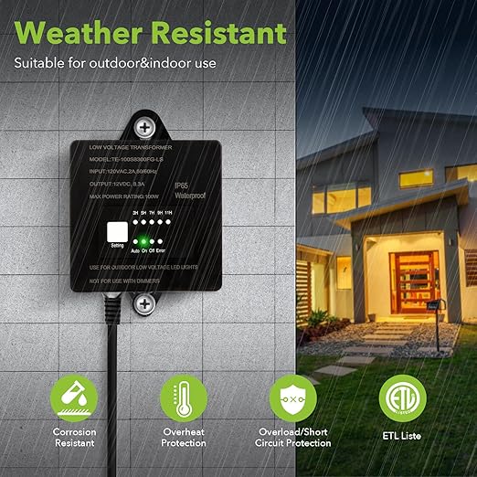 100W Low Voltage Landscape TransformerWaterproof Low Voltage Transformer with Timer and Photocell Sensor120V AC to 12V DC Landscape Lighting Transformer for Outdoor LED Spotlight Path Light