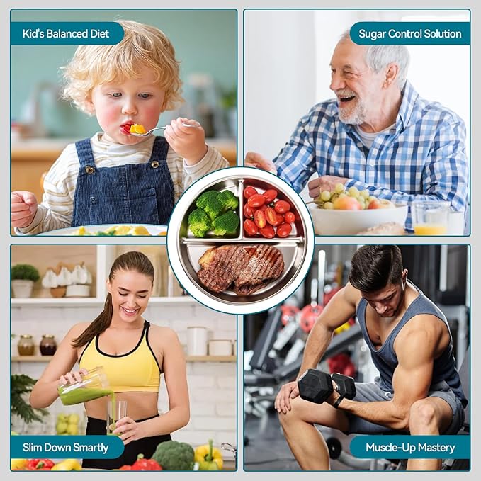 6 Pack Stainless Steel Divided Plate 9 Non Slip Portion Control Plates for Adults Kids Balance Lunch Unbreakable Toddler Set Indoor Outdoor for Party Home Silver