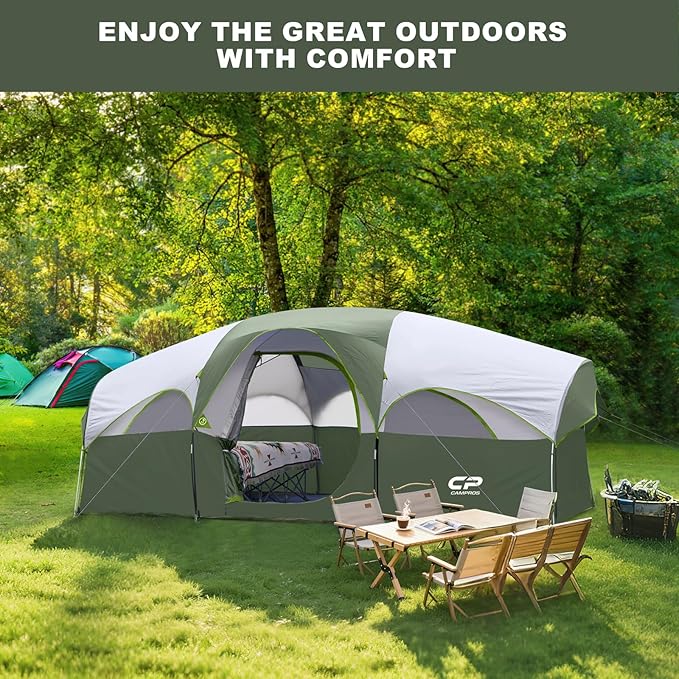 CAMPROS CP Tent 8 Person Camping Tents Weather Resistant Family Tent 5 Large Mesh Windows Double Layer Divided Curtain for Separated Room Portable with Carry Bag