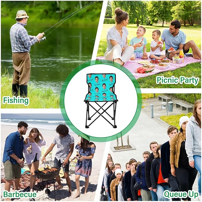Sinestour Cyan Custom Photo Folding Camping Chair for Teen Child Personalized Name 14.6×14.6in Portable Outdoor Chair with Carry Bag for Picnic Barbeques Beach