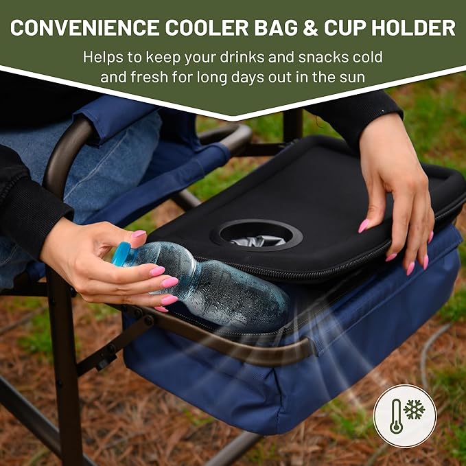 TIMBER RIDGE Folding Camping Chair with Cooler Bag Director Chair Foldable with Side Table for Adults Camp Chairs for Outdoor Lawn Sports Fishing Heavy Duty Supports 300lbs Blue
