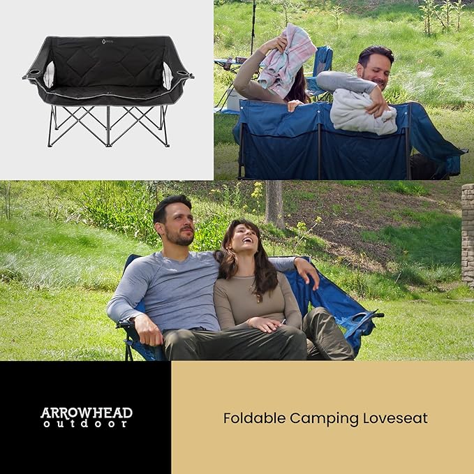 ARROWHEAD OUTDOOR 2-Pack Portable Folding Camp Loveseat Chair w/Glass &amp Cup Holders Heavy Duty Carry Bag 650 lbs Weight Capacity