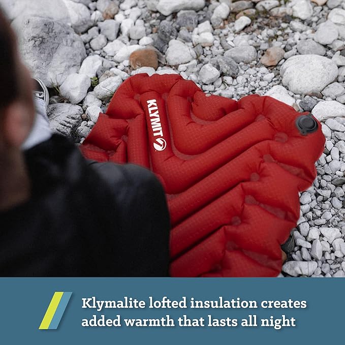 KLYMIT Insulated Static V Inflatable Sleeping Pad | Comfortable Lightweight Easy to Inflate Portable Air Bed Mattress for Camping Backpacking and Hiking — Red