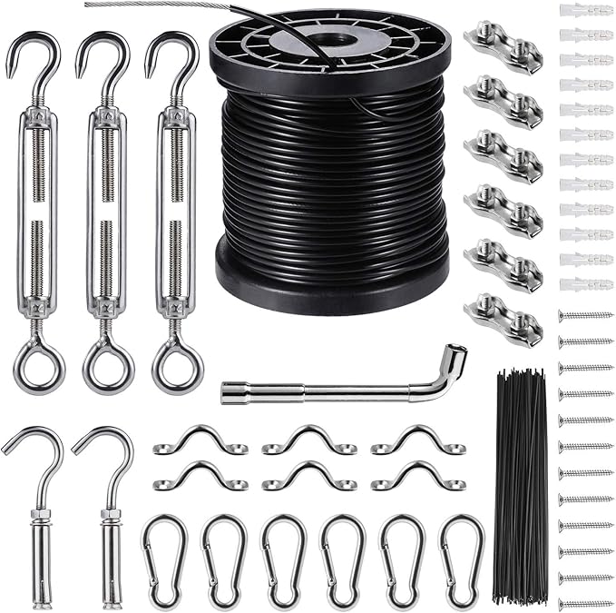 String Lights Hanging KitGlobe String Lights Suspension KitOutdoor Light Guide WireInclud 164 FT Nylon-Coated Stainless Steel Wire Rope CableTurnbuckle and HooksEnough AccessoriesUse Manual