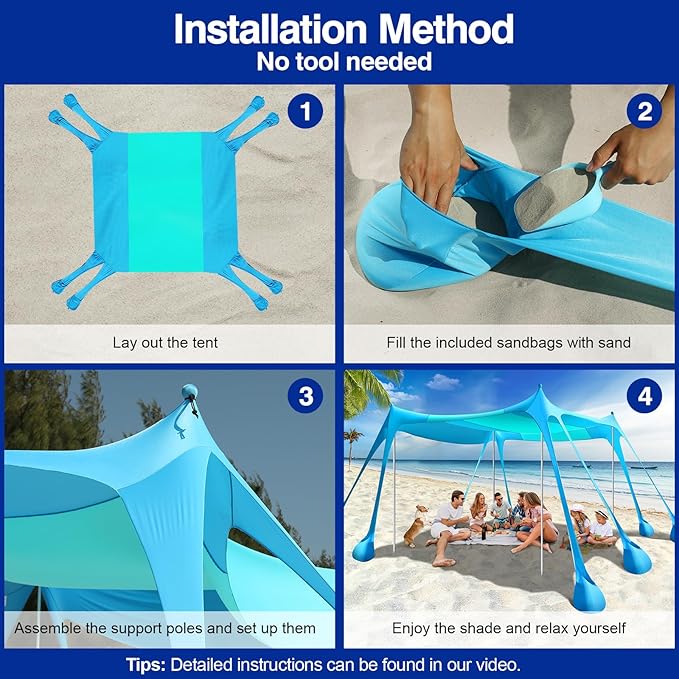 Rhino Valley Beach Tent Shade Canopy UPF50+ Protection 8 Sandbags 4 Stability Poles Outdoor Sun Shelter Umbrella for Sand Camping Fishing Essentials