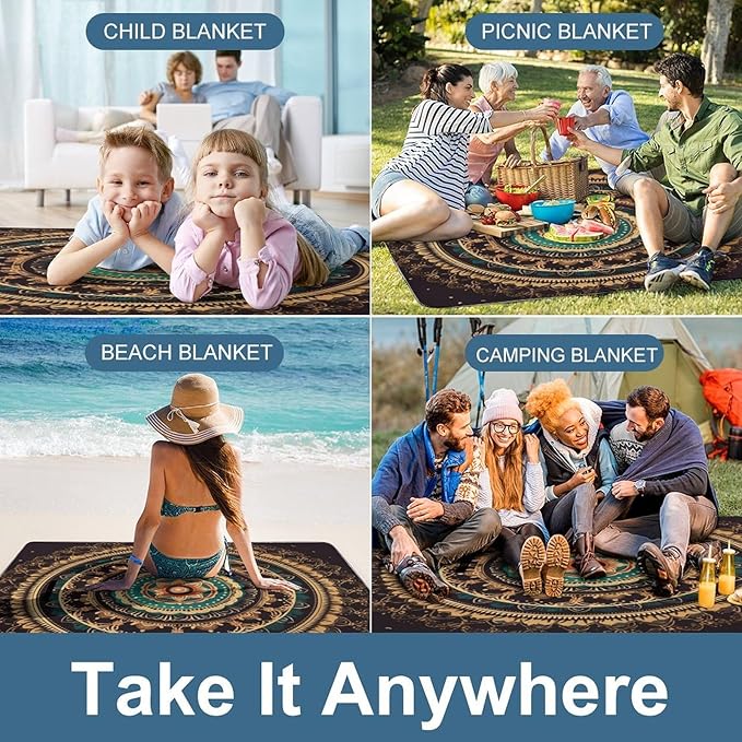 Mandala Beach BlanketPortable Waterproof Picnic Blanket58.3''x 58.3'' Extra Large Picnic Mat for BeachCamping Grass Lawn Park Accessorie for Festival BBQ