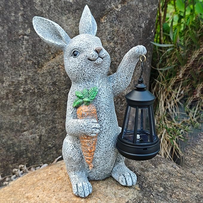 Garden Statues Rabbit Solar Lantern Outdoor Handmade Resin Statue Bunny with Cute Carrot for Patio YardMother's Day Gift Ideas (rabbit1)
