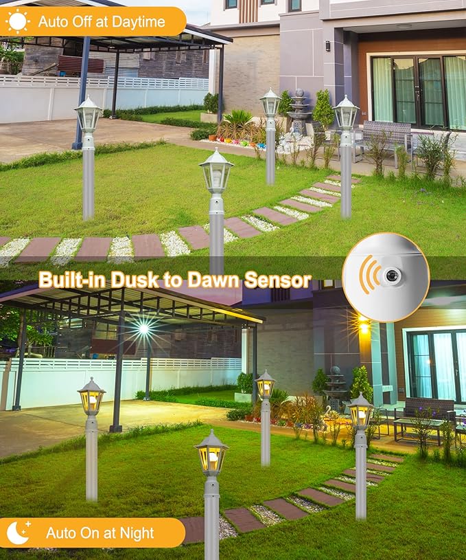 FUDESY Dusk to Dawn Outdoor Post Light White Modern Exterior Post Lantern with Pier Mount Base Plastic Waterproof Lamp Light Fixture for Garden Yard Patio Pathway LED Bulb Included