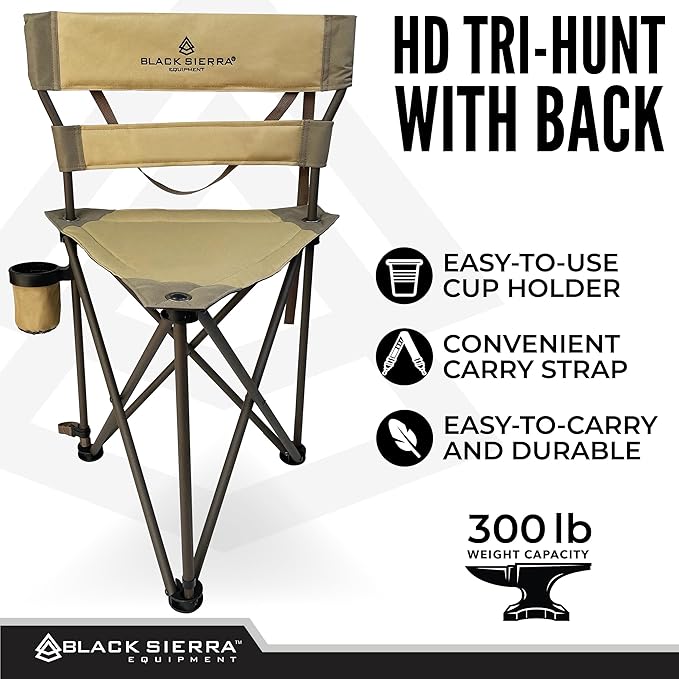 Black Sierra XL Tripod Hunting Stool Foldable Tripod Seat w/Steel Frame Supports 300 Lbs Heavy Duty Fishing Chair Features Cup-Holder &amp Carry Shoulder Strap for Camping (TAN 2)