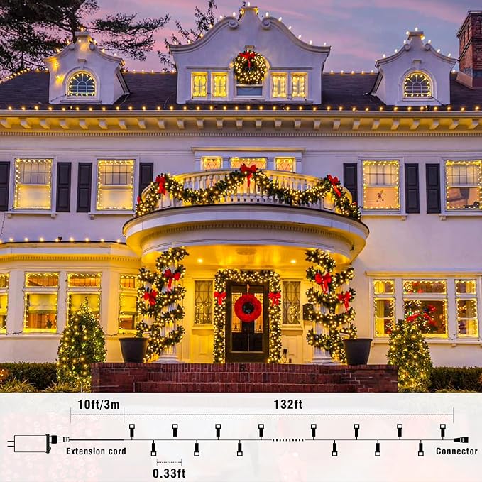 132FT 400 LED Christmas Lights Outdoor Christmas String Lights Indoor with 8 Modes Waterproof Plug in Twinkle Fairy Lights Clear Wire for Bedroom Patio Window Garden Wedding Xmas Decor Warm White