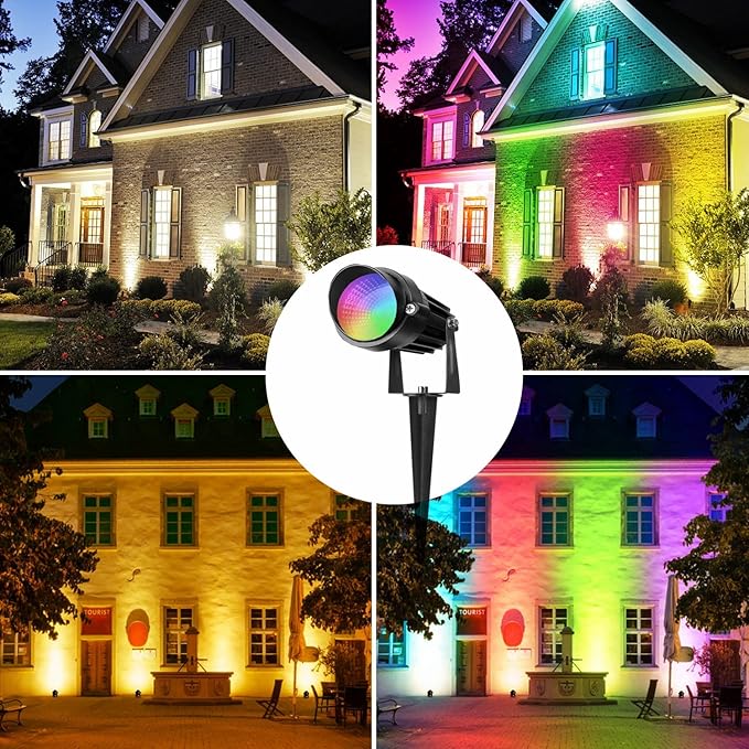 Color Changing Spotlight with Timer 12W RGB Color Changing Spot Lights LED IP65 Landscape Waterproof Outdoor Lights Metal Case Spiked Stand for Garden Houses Trees Decorative(2 Pack)