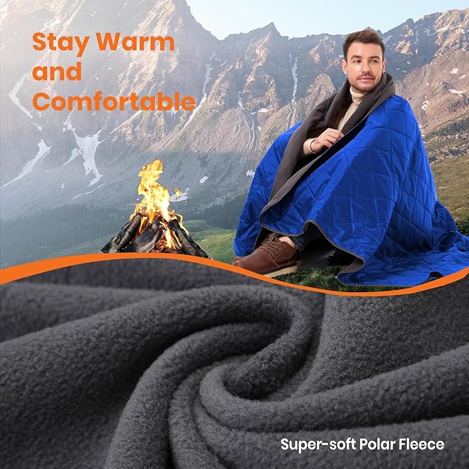 4-in-1 Large Outdoor Blanket - Waterproof &amp Windproof Thickened Warm Fleece Camping Blanket for Stadium Hiking Sporting Events - 81x57 Packable (Sapphire Blue)