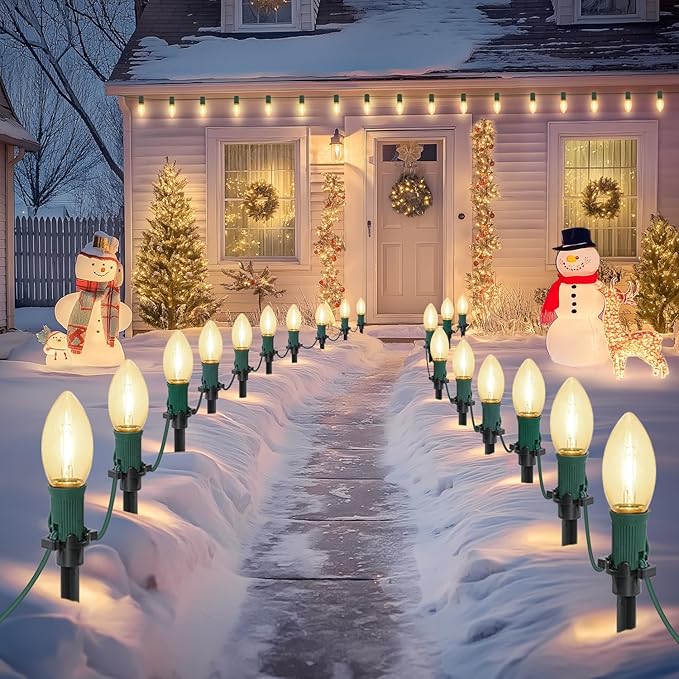 USOKYO 30Ft C9 Led 20 Bulbs Christmas Pathway Lights Outdoor Warm White Led Bulbs Waterproof Connectable Christmas Walkway Lights with Stakes for Yard Lawn Sidewalk Driveway Christmas Decorations