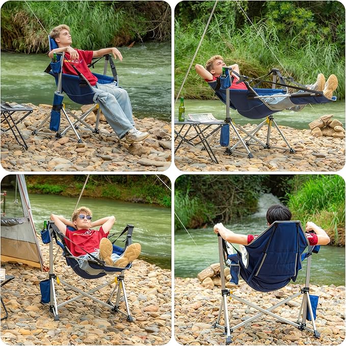 Romswi 2-Pack Aluminum Hammock Chair with Footrest Oversized Portable Folding Swinging Chair with Adjustable Back &amp Seat Lightweight Rocking Camp Chair Supports 440lbs for Outdoor Patio - Blue
