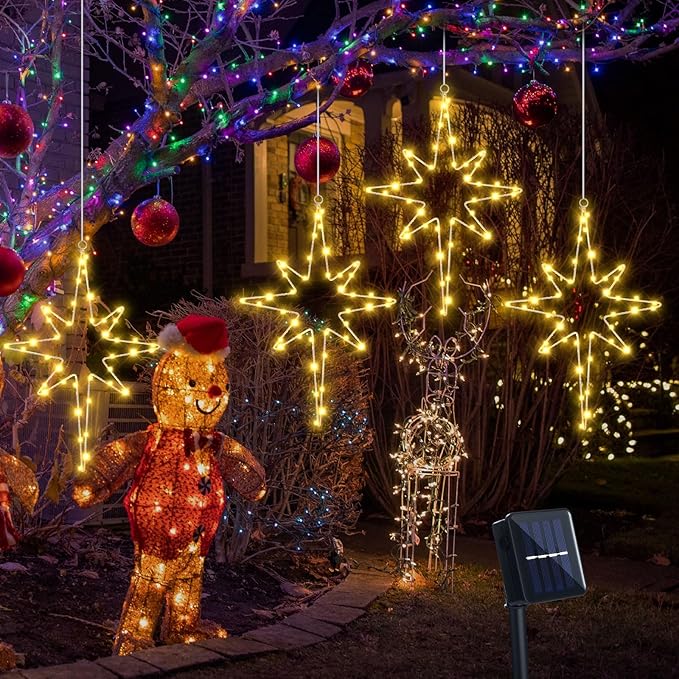 Baquler 6 Pcs 16 Inch Solar Christmas Bethlehem Star String Light Outdoor Xmas Bethlehem Star Light LED Hanging Christmas Decoration for Windows Outdoor for Holiday Garden Home Xmas Tree Porch Decor