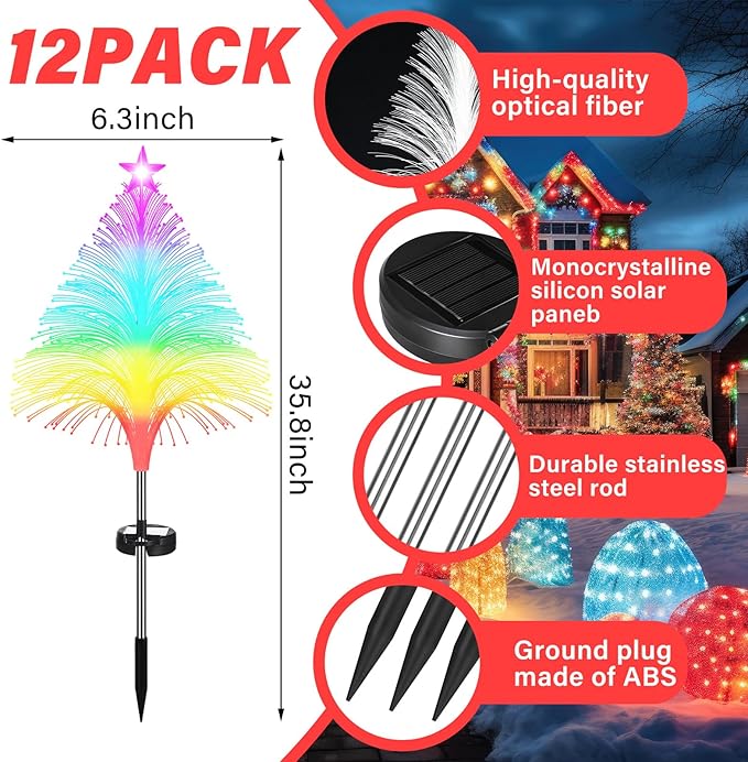 Baquler 8 Pcs Solar Christmas Tree Lights Waterproof Outdoor Pathyway Stake Light 7 Lighting Modes Fireworks Christmas Stake Light Decoration for Holiday Yard Walkway Garden Path Decor