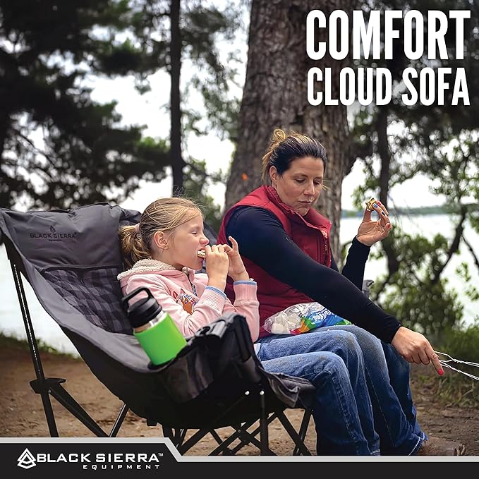 Black Sierra Double Camping Chair for Adults Oversized Folding Loveseat Supports 600 lbs Plush Padded Outdoor Couch with Cup Holders and Carry Bag for Beach Patio RV or Tailgating Events
