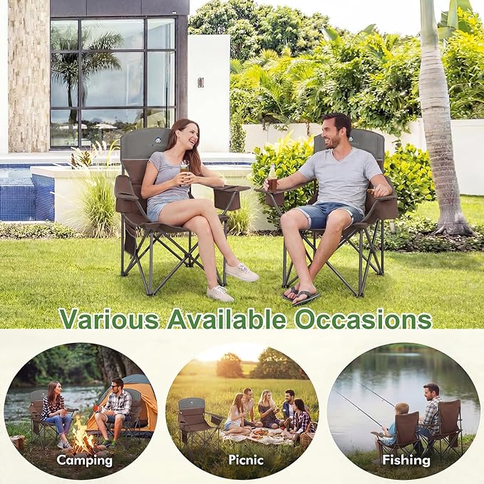 CAMPHILL Oversized Camping Chairs 2 Pack - Heavy Duty 400LBS Padded Lawn Chair with Cooler BagCup HolderSide PocketCollapsible for OutdoorCampFishing &amp GardenMaroon