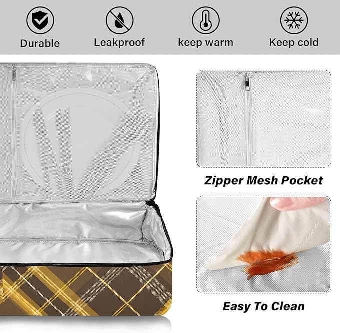 Casserole Carrier Yellow and Brown Tartan Pattern Insulated Casserole Carrier for Hot or Cold Food Thermal Lunch Tote for Parties Picnic Travel Carry Bag