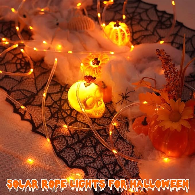 QITONG Orange Solar Rope Lights 2 Pack Each 33ft 100 LED String Lights Outdoor Fairy Lights in Clear Thin Tube with 8 Modes for Thanksgiving Fall Decor