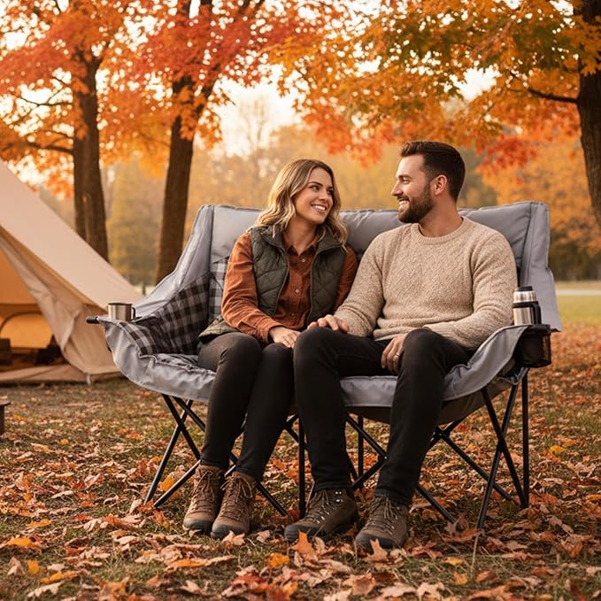 DoCred Double Camping Chair - Oversized Loveseat Padded Camp Chair 2 Person Camping Chairs for Adults Heavy DutyTwo Person Folding Chairs with Cup Holder for Outside Picnic Beach Travel