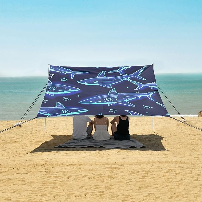 Cute Sharks Camping Sun Shelter Beach Tent Portable Beach Sun Shade Outdoor Canopy for Camping Trips Fishing Picnic
