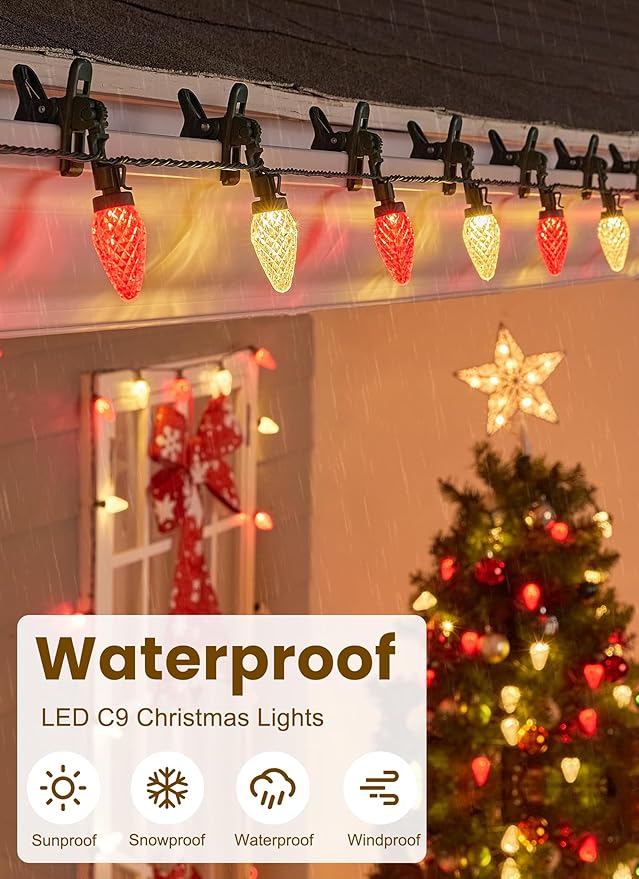 C9 LED Christmas Lights Outdoor 66 Feet 100 LED C9 String Light with 100 Spring Clips Waterproof Connectable Christmas Tree Lights for Outside Roofline Patio Home Xmas Decor Red &amp Warm White