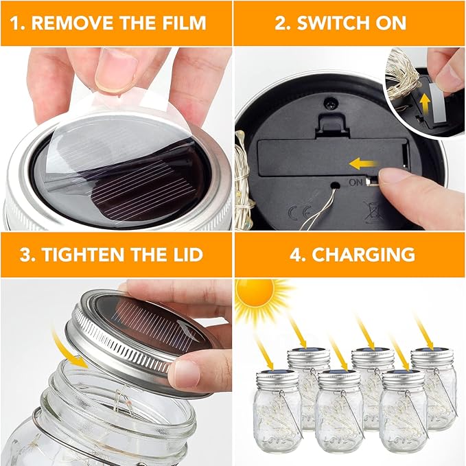 Mlambert Mason Jar Solar Lights -30 LED 6 Pack Hanging Solar Lanterns Outdoor Waterproof Fairy Lights for Patio Garden Warm White