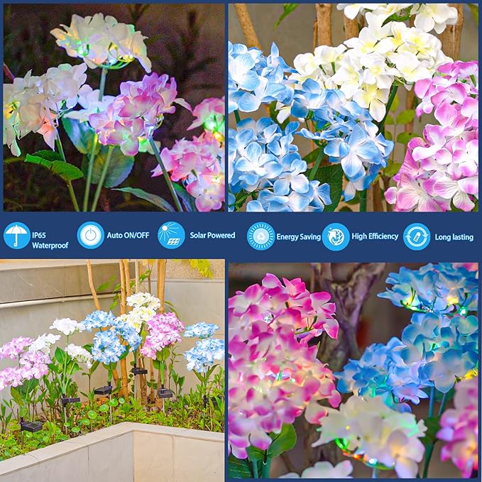 TONULAX Solar Garden Lights - 3 Pack Upgraded Version Outdoor Lights Colorful Hydrangea Flower Light for Yard Decor Garden Decoration Two Lightning Modes &amp Enlarged Solar Panel