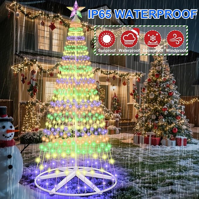 8Ft Solar Powered Christmas Cone Tree Lights with 444LEDs &amp Star Topper Remote Control 11 Modes Dimmable IP65 Waterproof Timer for Indoor Outside Yard Holiday Decoration Warm White &amp Mul