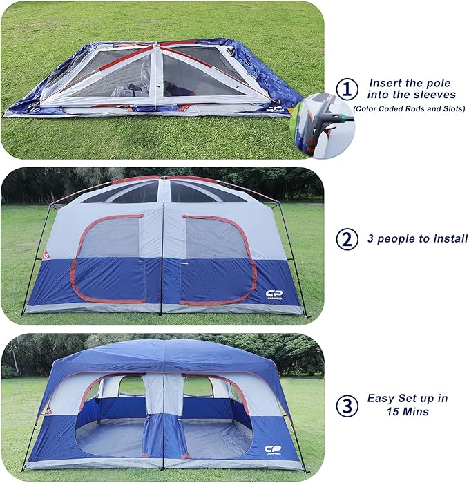 CAMPROS CP 12 Person Cabin Tent 2 Room Extra Large Straight Wall Camping Tents Waterproof Windproof with Top Rainfly 6 Large Mesh Windows Double Layer Easy Set Up Family Tent