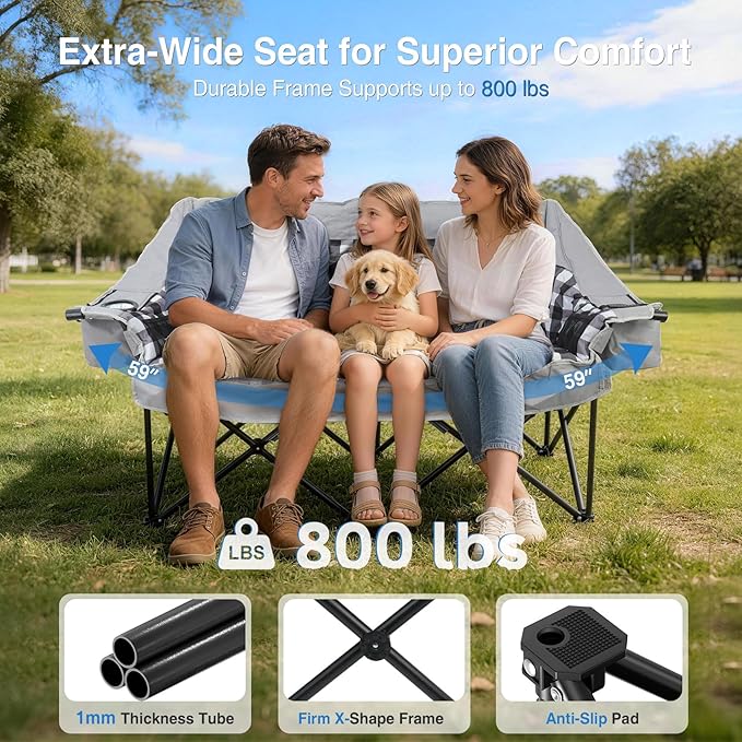 Suteck Double Camping Chair Oversized Padded Camping Couch w/Independent Seats 1200D Oxford Folding Camping Loveseat w/2 Cup &amp Wine Glass Holders Cooler Bags &amp Side Pocket for Camping Lawn