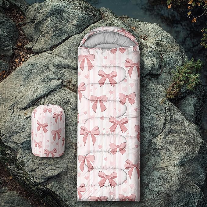 Pink Bow Sleeping BagGirly Princess Bowknot Camping Bag for Girls KidsPink and White Striped Lightweight Warm Portable Outdoor Indoor-Waterproof Cold Weather Resistant for Camping Hiking