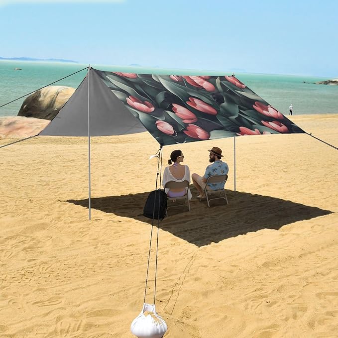 Beach Tent Sun Shelter Pink Tulips Leaves Lightweight &amp Easy Setup Beach Shade Canopy for Camping Fishing