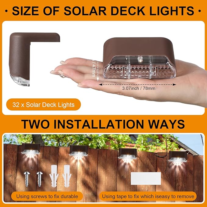 Geelin 32 Pcs Solar Deck Lights Outdoor Waterproof LED Solar Step Fence Lights for Stairs Step Railing Patio Driveway Garden Pathway and Yard(Brown Shell Cool White Light)