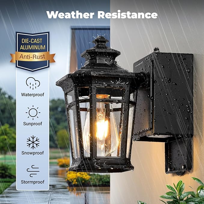 Gleamz Porch Lights with Outlet Black 2-Pack Dusk to Dawn Outdoor Lighting with GFCI Outlet 9in H Exterior Light Fixtures Waterproof Anti-Rust Outside Lights for HouseFront DoorGarageBackyard