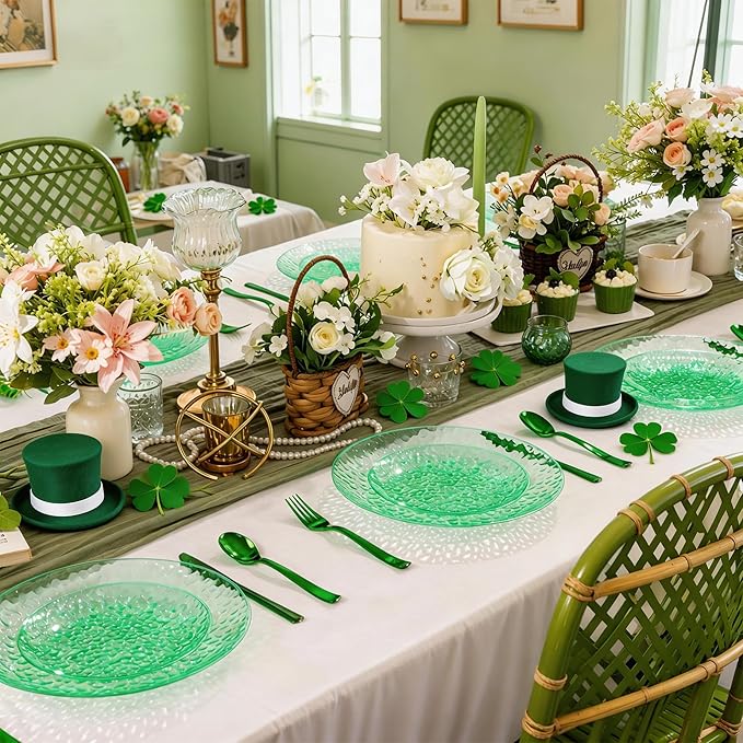 Rubtlamp 60Pcs Green Plastic Plates Heavy Duty St Patricks Day Plates With Hammered Design Green Party Disposable Plate Include 30 Dinner Plate 30 Salad Platos Fancy Plastic Platos For Easter