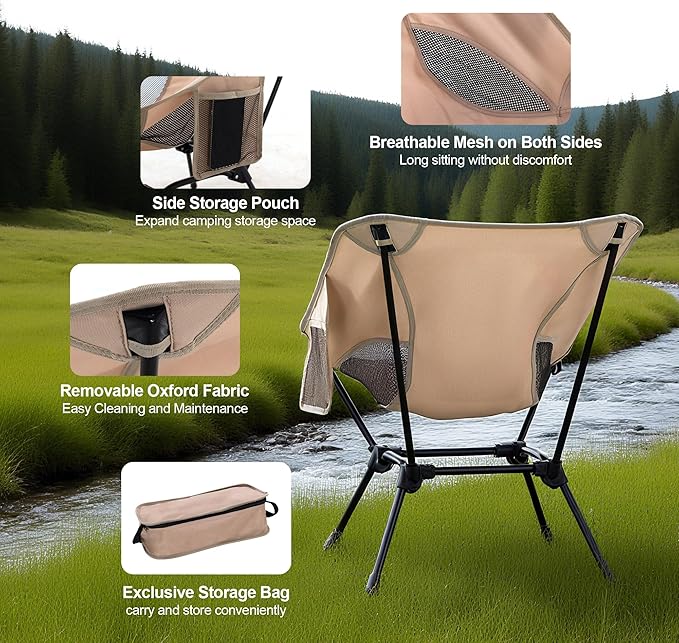 Camping Chair Portable Lightweight Camping Chairs for Adults Foldable 600D Oxford Ultralight Backpacking Chair with Breathable Mesh and Pocket for Outdoor Travel HikingBeige