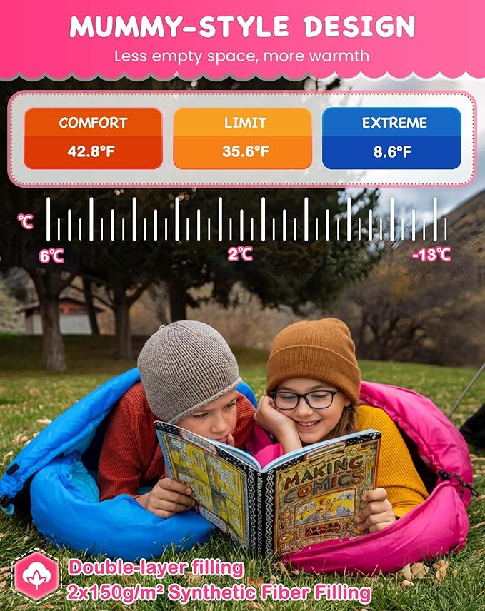 KingCamp 45°F Kids Sleeping Bag Lightweight Waterproof &amp Compact Flannel Sleeping Bags Cold Weather &amp Warm Youth Essentials Gear Accessories for Camping Fits 10-12 Children up to 4'7-5'5 T
