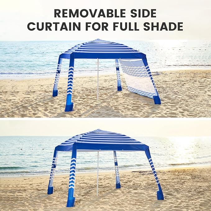 Zeraty Beach Cabana 8'×8' Portable Beach Canopy with Side Wall Easy Pop Up UPF 50+ Silver-Coated Beach Tent Sun Shelter Wind Resistant Adjustable Height Beach Umbrella Tent for Family Navy Blue