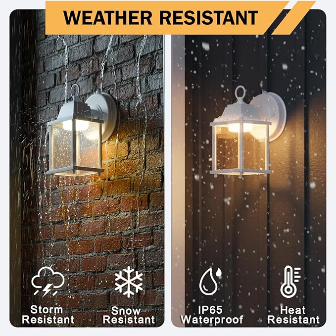 LIT-PaTH Small Outdoor LED Wall Lantern with Dusk to Dawn Photocell 3000K Warm White 9.5W 800 Lumen Aluminum Housing Plus Glass Outdoor Rated 1-Pack White